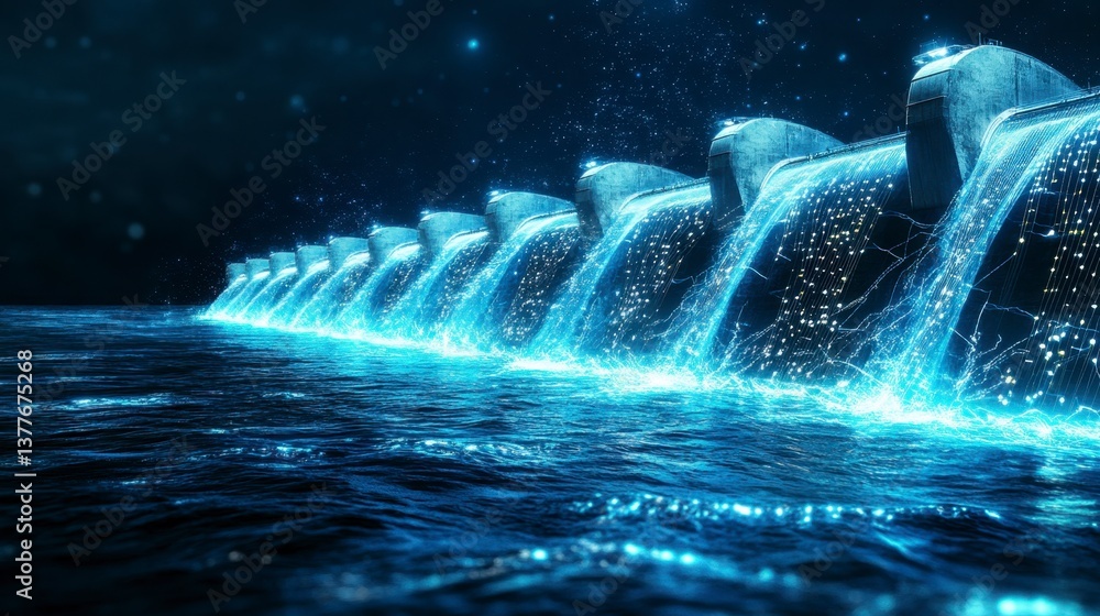Poster glowing blue water cascades down a series of structures at night, creating a mesmerizing and serene 