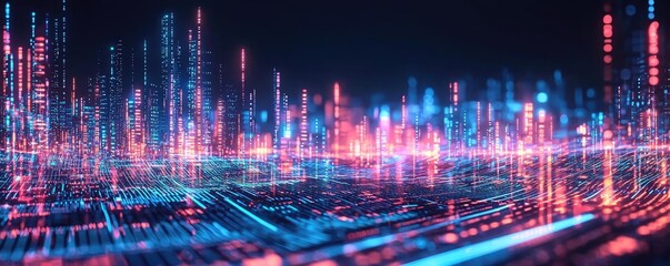 Fototapeta premium Motion blur city with digital panorama and futuristic technology concept. Futuristic digital city with vibrant neon lights and data streams.