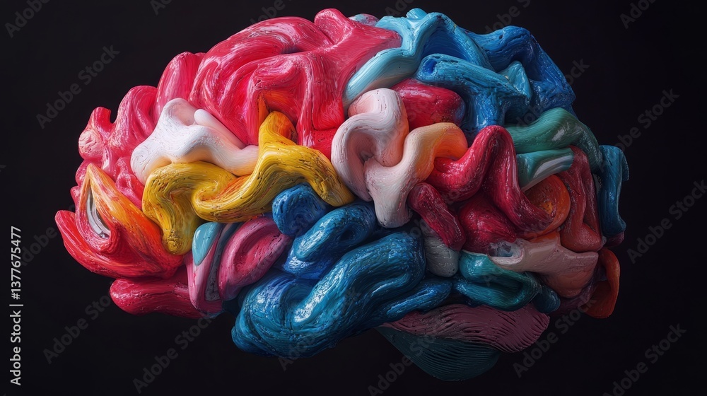 Poster abstract colorful artistic representation of human brain with wavy patterns