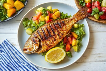Grilled fish with colorful salad