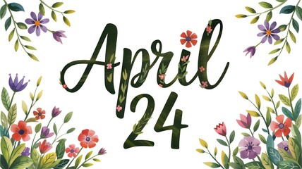 April 24 date watercolor painting with floral elements isolated on a white background for spring-themed designs, invitations, and calendar date highlights