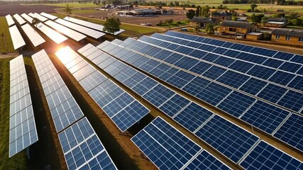 Aerial view of extensive solar panel farm generating clean renewable energy for a sustainable future
