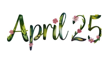 April 25 date watercolor painting with floral elements isolated on a white background for spring-themed designs, weddng invitations, and calendar date highlights.