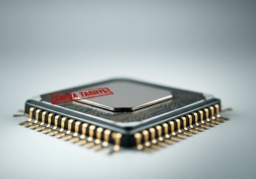 Microchip with China tariffs stamp on gray background