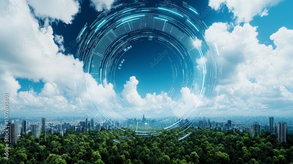 Poster aerial view of a city skyline with a glowing digital orb hovering above lush green trees and a partl