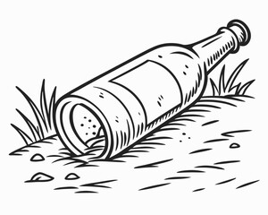 Hand-drawn bottle lying on the ground in a grassy setting  