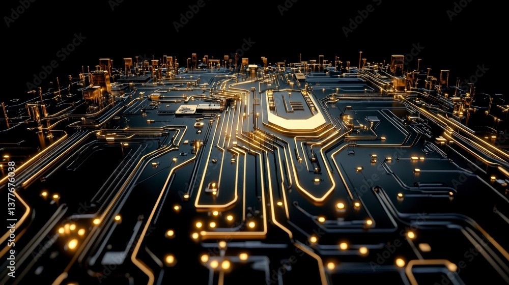 Poster abstract image of a circuit board with glowing gold pathways and a cityscape in the background. dark