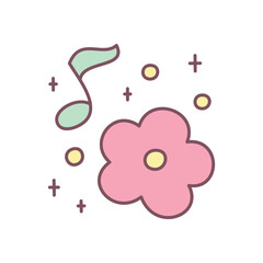 Cute floral illustration. Whimsical design featuring a pastel pink flower and green musical note, surrounded by small stars and circles. Simple hand drawn illustration isolated on a white background. 