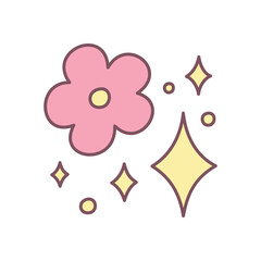 Cute floral illustration. Gentle design of pink flower, stars and sparkles. Simple hand drawn illustration isolated on a white background. Kawaii sticker. Vector 10 EPS.