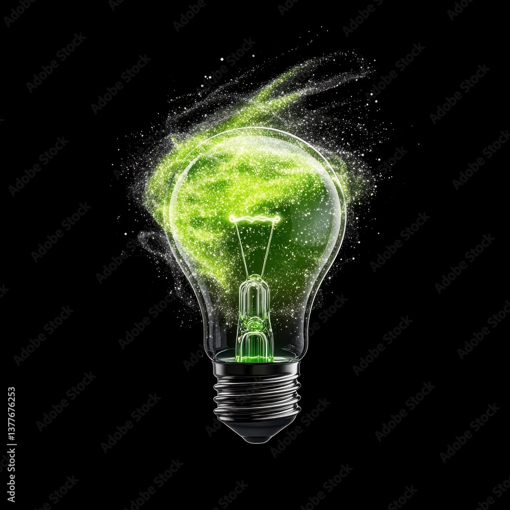Poster green lightbulb dissolving into glowing particles on black background. abstract concept of innovatio