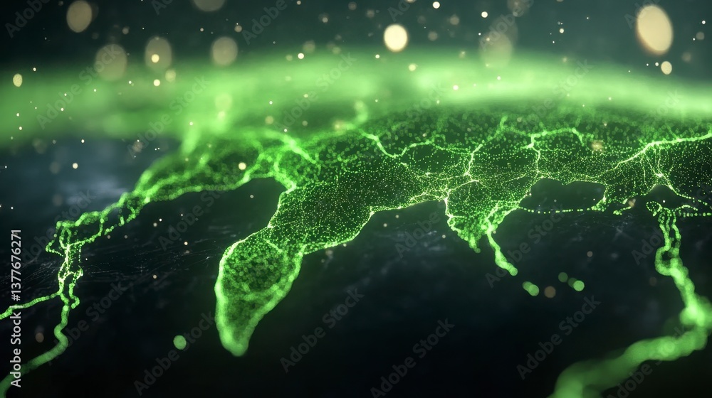 Poster glowing green network connecting points across a dark earth. sparkling particles surround the planet