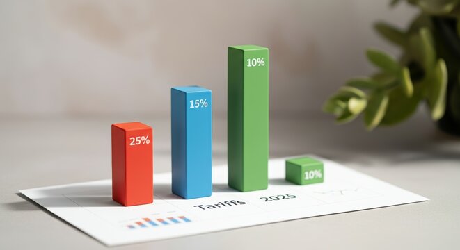 Colorful 3D bar chart displaying tariff changes over time with green plant in background