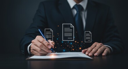 Businessman signs document with digital overlays depicting secure data processing