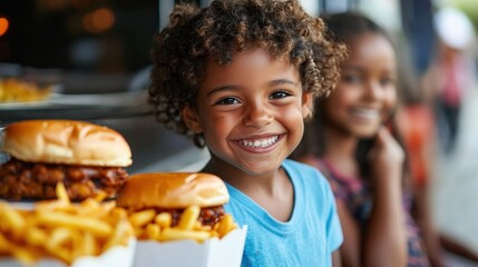 Joyful young african american boy with curly hair smiles bright next to burgers and fries food truck delicious meal happy childhood