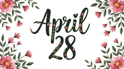 April 28 date watercolor painting with floral elements isolated on a white background for spring-themed designs, invitations, and calendar date highlights
