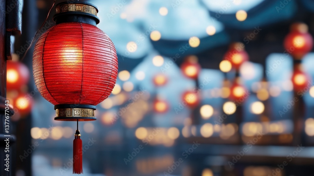 Poster close up of a glowing red chinese lantern with a dark background of bokeh lights and other lanterns.