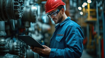 Worker in safety gear monitors industrial equipment while using a tablet in a factory setting