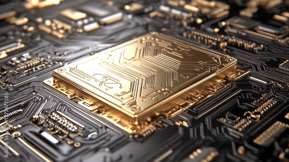 Poster close up view of a gold colored central processing unit chip on a dark circuit board. the chip is sq