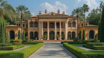 Obraz premium Elegant mansion facade, Florida estate, lush landscaping, sunny day