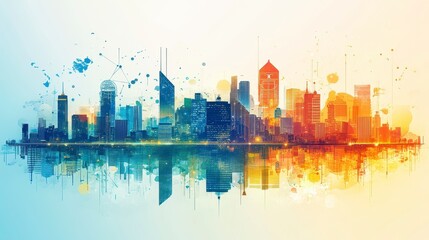 Fototapeta premium Vibrant City Skyline with Reflections and Colorful Abstract Art