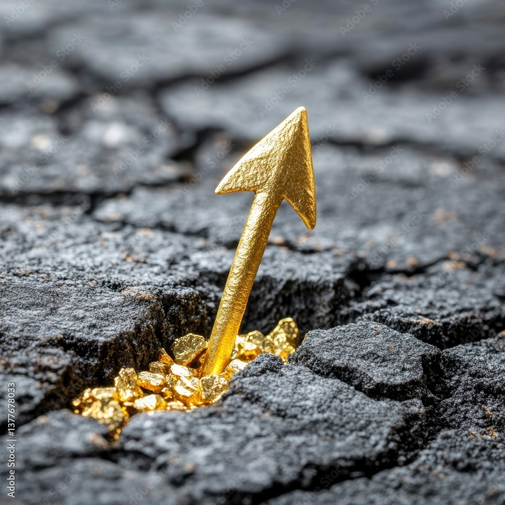 Poster golden arrow rising from a crack in dark gray stone, surrounded by small golden nuggets. close up sh