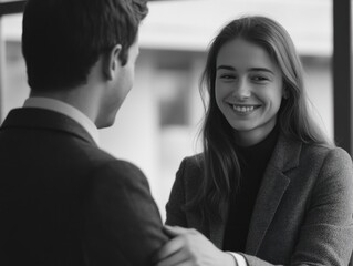 Two professionals engaged in an amicable business chat.