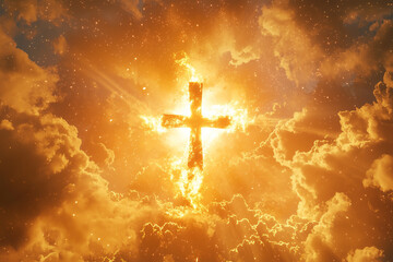 Christian Christianity Cross Sky God Background. A glowing cross in a golden sunlit sky background 