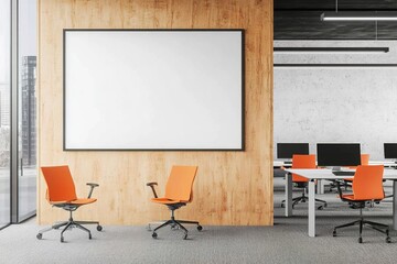 Modern open space office interior with orange chairs and computers on desks, wooden wall background, blank poster on white wall. Concept of business and coworking. 3D Rendering