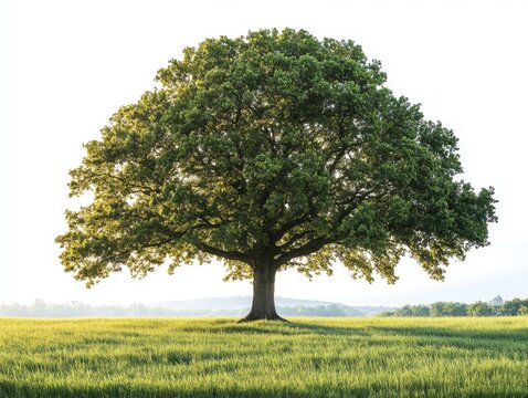 Majestic oak tree standing tall in a vibrant green field under a bright sunny sky in the countryside landscape - Powered by Adobe