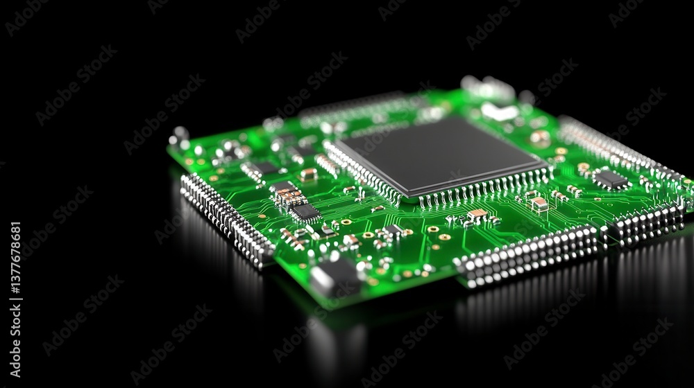 Poster close up view of a green circuit board with a central processor, set against a black reflective surf