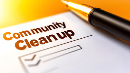 a checklist with the words "community cleanup" written on it and a pen resting on top
