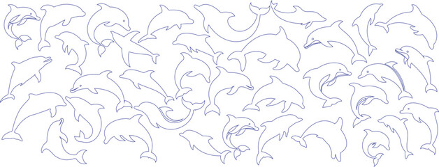 Dolphin outline set, hand drawn dolphin sketch, marine mammals. Playful aquatic life illustration with jumping dolphins in a continuous artistic style