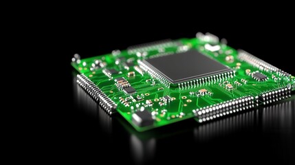 Obraz premium Close up view of a green circuit board with a central processor, set against a black reflective surface. The image is sharply focused, highlighting the intricate details of the electronic components. 
