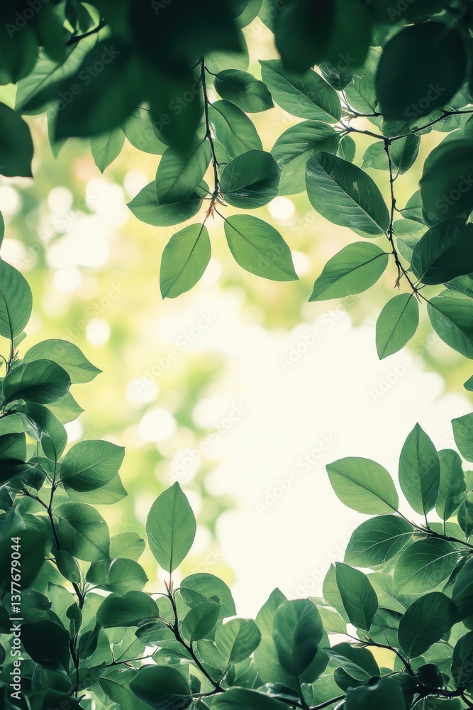 Poster lush green canopy of leaves against a soft bokeh background creating a natural frame serene and fres