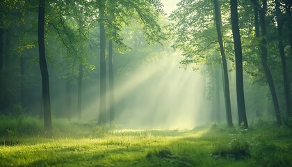 Fototapeta premium Sunbeams in Misty Green Forest.