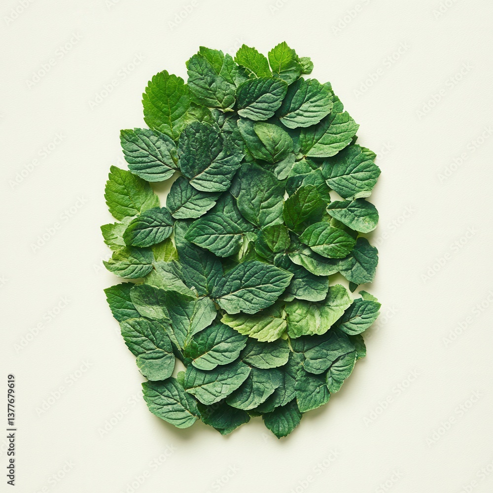 Poster fresh green mint leaves arranged in an oval shape on a cream background creating a natural and vibra