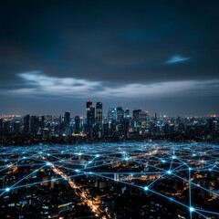 Fototapeta premium Night cityscape with illuminated buildings and connecting lines, showcasing a futuristic urban scene under a cloudy sky.