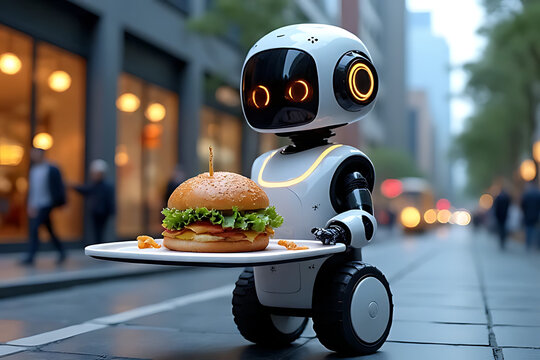 Robot Waiter Serving Burger in a Modern City Street