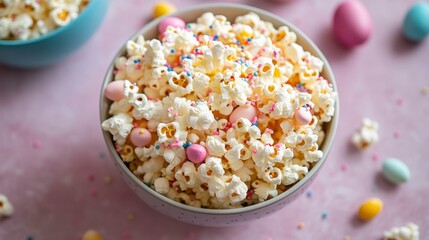 Obraz premium Colorful Sprinkles and Candy Coated Popcorn in a Bowl