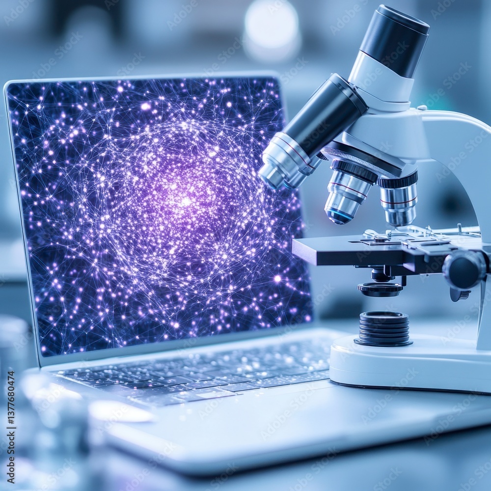 Poster close up view of a laptop displaying a complex network of purple and blue particles, with a microsco