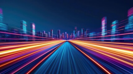 Motion blur city with digital panorama and futuristic technology concept. Vibrant light trails create a dynamic cityscape in motion.