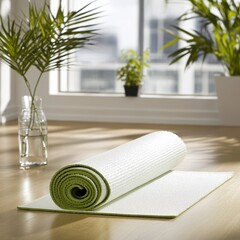 Rolled up light green and white yoga mat on light brown wooden floor near a window with plants. Natural light illuminates the scene.