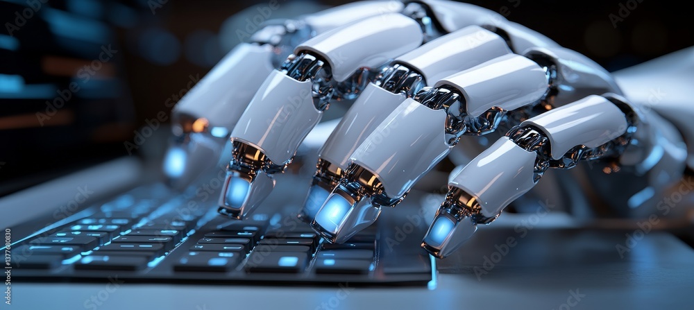 Poster advanced robotic hand typing on a laptop keyboard artificial intelligence in action.