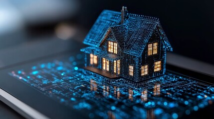 A digital model of a house glows with blue light on a tablet screen, showcasing smart home technology and digital real estate concepts.