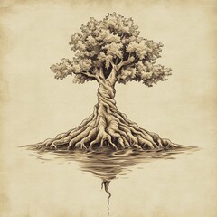 A Stunning Vintage Illustration of a Majestic Tree with Intricate Roots Emerging from Water, Capturing the Beauty of Nature and Life's Connection to Earth