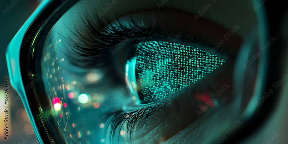 Poster close-up of eye reflecting teal digital code, suggesting technological advancement or artificial int
