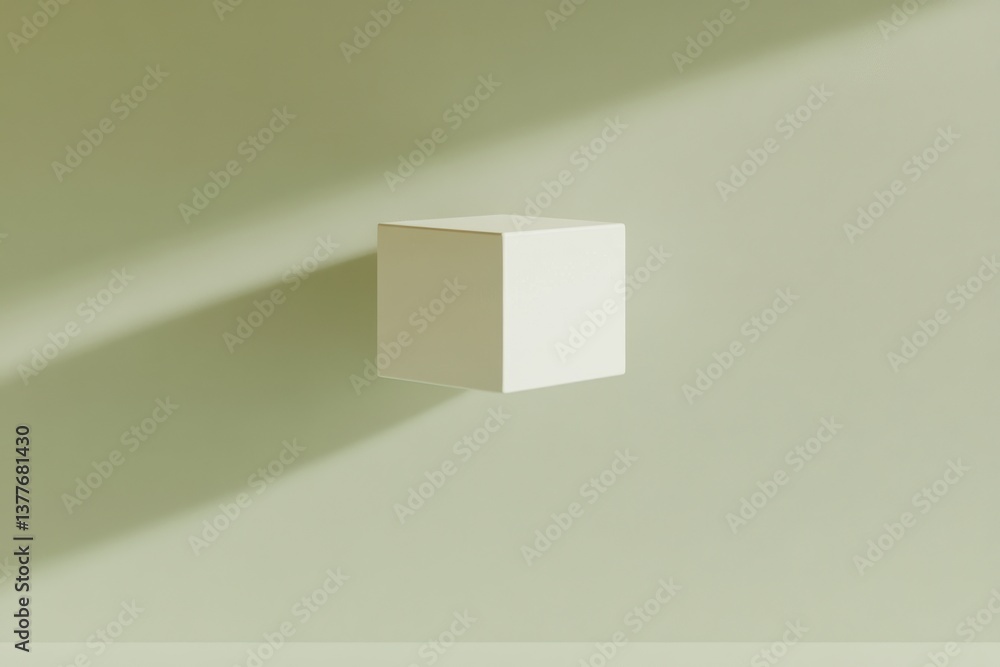 Poster minimalist white cube suspended on a pale green background casting soft shadows