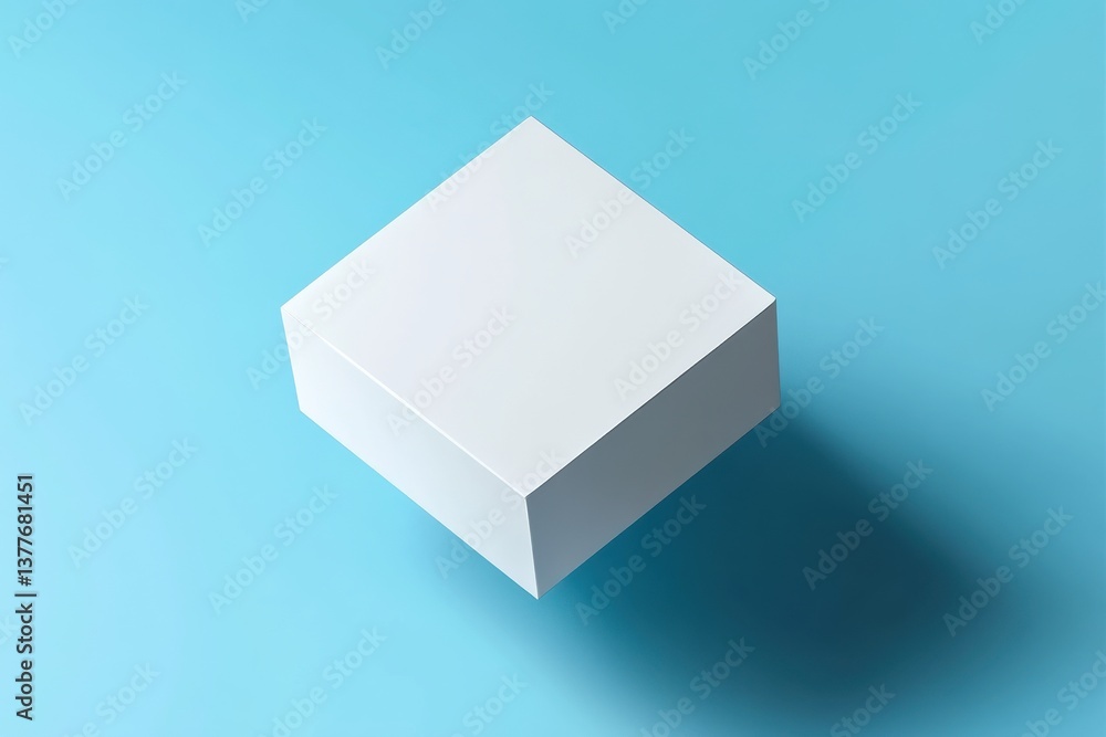 Poster clean white box on a light blue surface casting a soft shadow