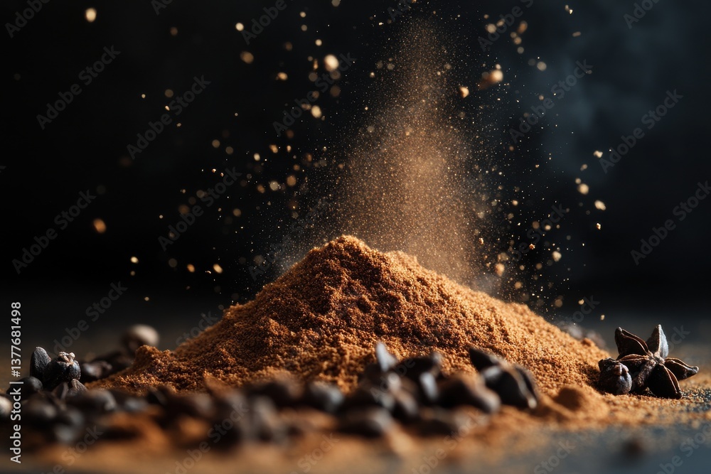 Poster aromatic spices and ground coffee create a flavorful blend on a dark surface