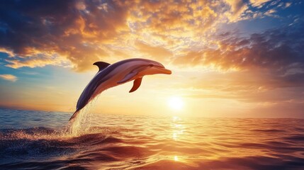 A dolphin jumps out of the water during sunset, creating splashes while the sun dips below the horizon. The sky is filled with colorful clouds, enhancing the scene's beauty